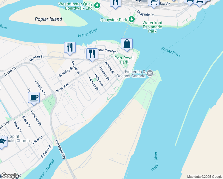 map of restaurants, bars, coffee shops, grocery stores, and more near 250 Salter Street in New Westminster