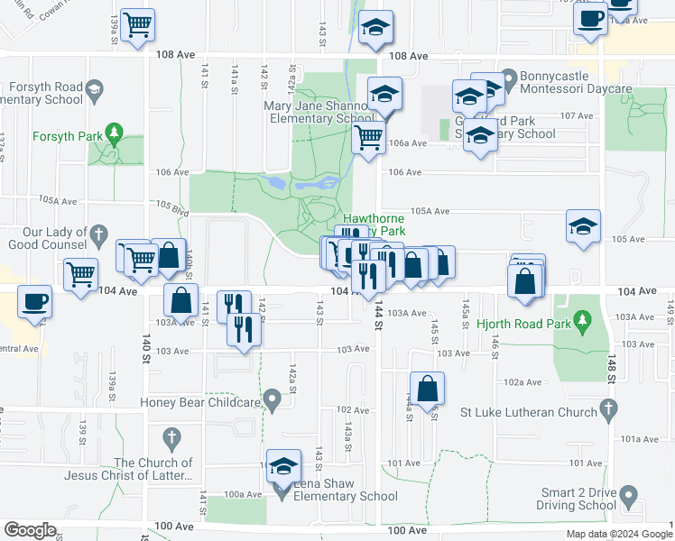 map of restaurants, bars, coffee shops, grocery stores, and more near 14333 104 Avenue in Surrey