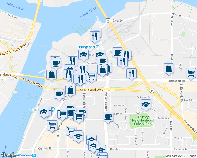 map of restaurants, bars, coffee shops, grocery stores, and more near 8991 Bridgeport Road in Richmond
