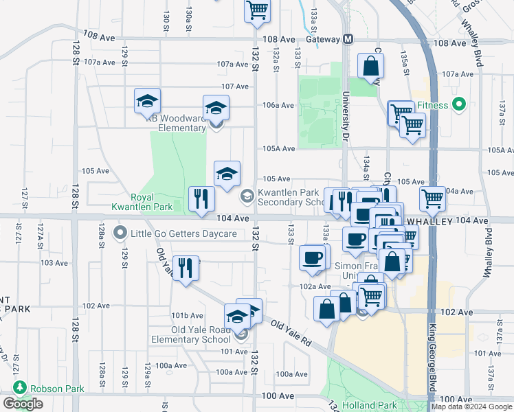 map of restaurants, bars, coffee shops, grocery stores, and more near in Surrey