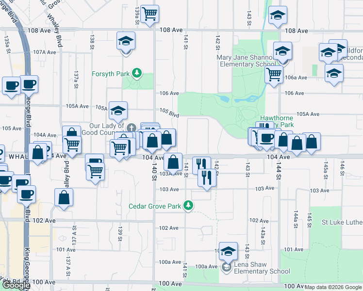 map of restaurants, bars, coffee shops, grocery stores, and more near 10430 140B Street in Surrey