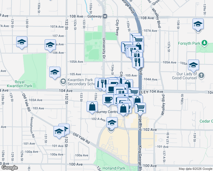 map of restaurants, bars, coffee shops, grocery stores, and more near in Surrey