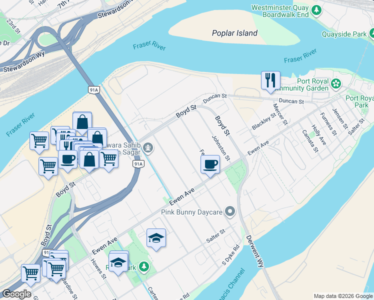 map of restaurants, bars, coffee shops, grocery stores, and more near in New Westminster