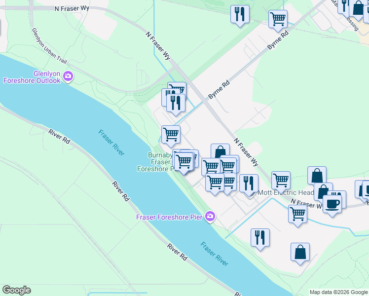 map of restaurants, bars, coffee shops, grocery stores, and more near 7415 Lowland Drive in Burnaby