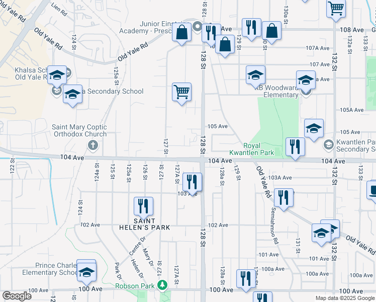 map of restaurants, bars, coffee shops, grocery stores, and more near 12764 104A Avenue in Surrey
