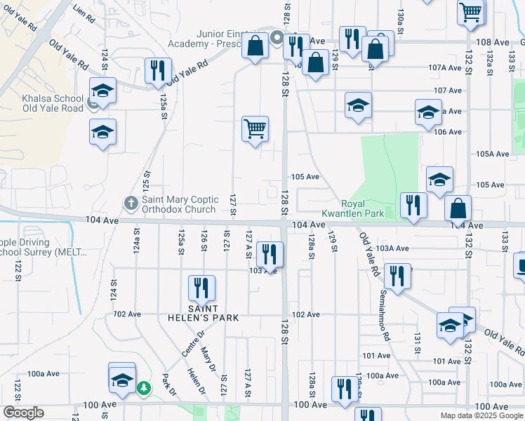map of restaurants, bars, coffee shops, grocery stores, and more near 12764 104A Avenue in Surrey