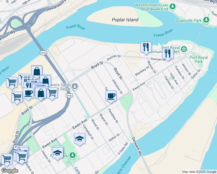 map of restaurants, bars, coffee shops, grocery stores, and more near 325 Fenton Street in New Westminster