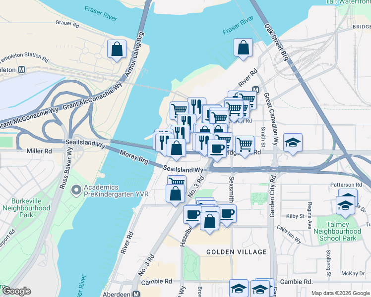 map of restaurants, bars, coffee shops, grocery stores, and more near 8477 Bridgeport Road in Richmond