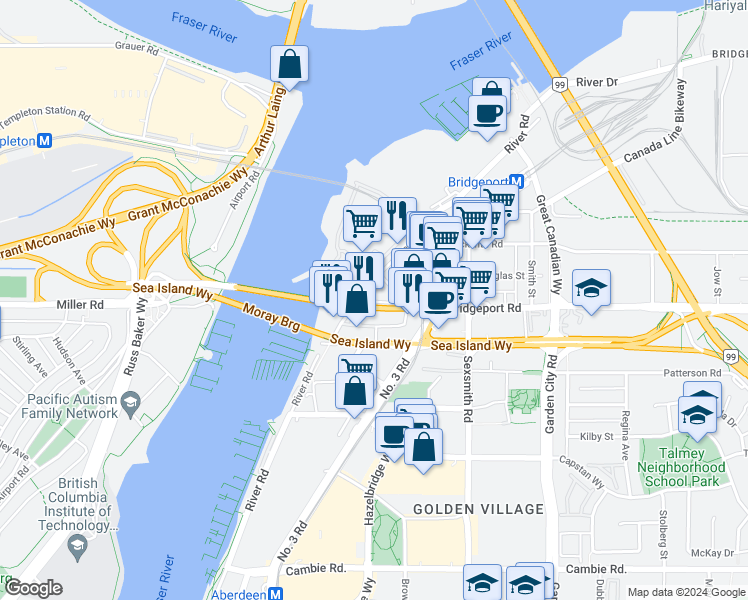 map of restaurants, bars, coffee shops, grocery stores, and more near 8477 Bridgeport Road in Richmond