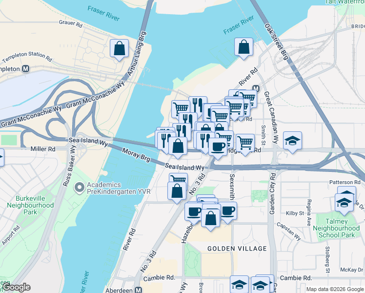 map of restaurants, bars, coffee shops, grocery stores, and more near 8411 Bridgeport Road in Richmond
