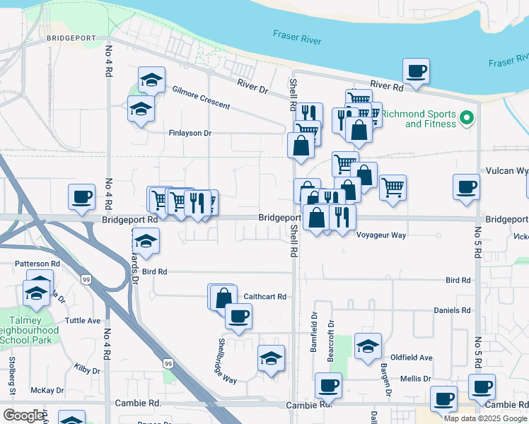 map of restaurants, bars, coffee shops, grocery stores, and more near 10651 Bridgeport Road in Richmond