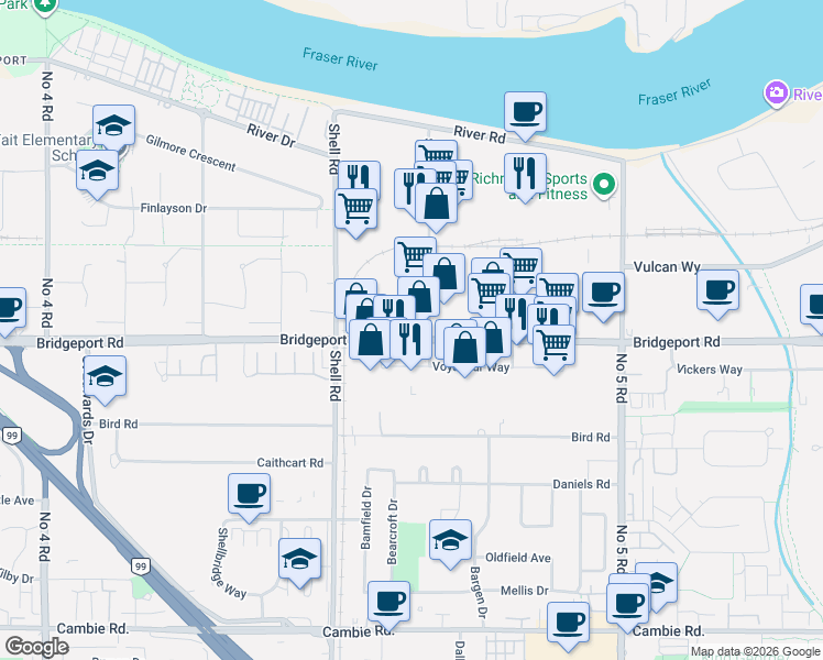map of restaurants, bars, coffee shops, grocery stores, and more near 11211 Bridgeport Road in Richmond