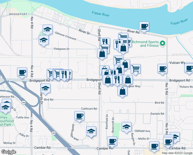 map of restaurants, bars, coffee shops, grocery stores, and more near 10811 Bridgeport Road in Richmond