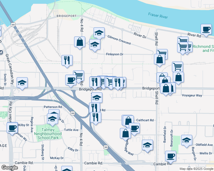 map of restaurants, bars, coffee shops, grocery stores, and more near 10251 Bridgeport Road in Richmond