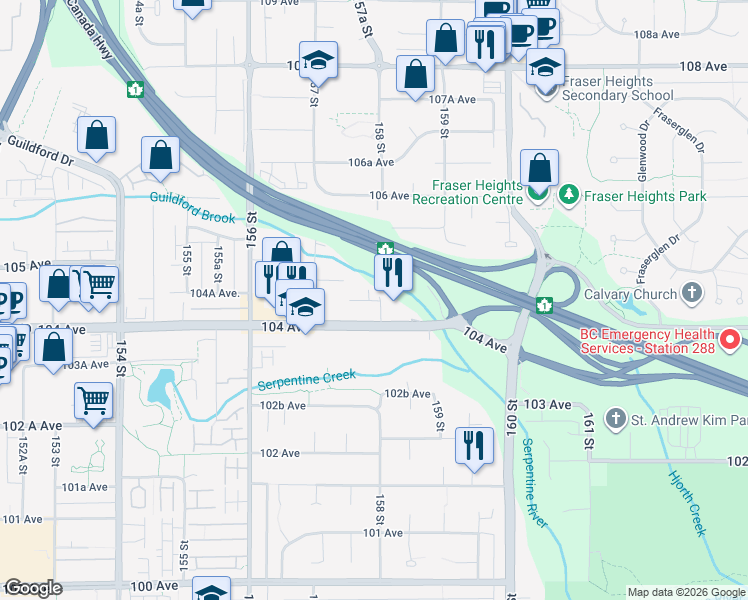 map of restaurants, bars, coffee shops, grocery stores, and more near 10460 158 Street in Surrey