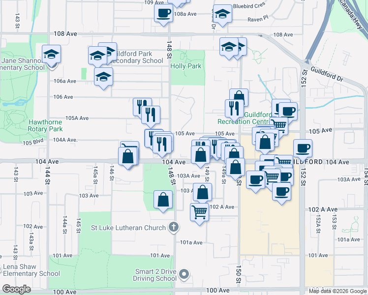 map of restaurants, bars, coffee shops, grocery stores, and more near 14831 104 Avenue in Surrey