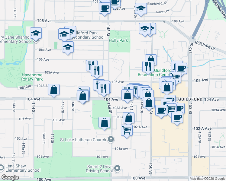 map of restaurants, bars, coffee shops, grocery stores, and more near 10438 148 Street in Surrey