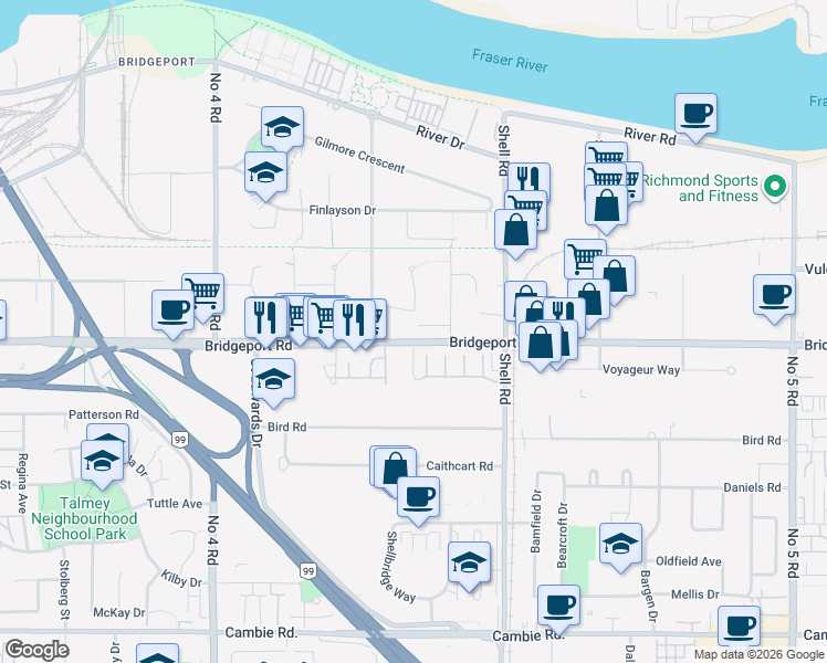 map of restaurants, bars, coffee shops, grocery stores, and more near 10551 Bridgeport Road in Richmond