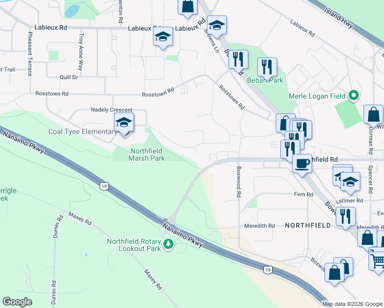 map of restaurants, bars, coffee shops, grocery stores, and more near 2105 Clara Place in Nanaimo