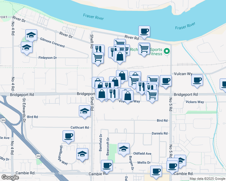 map of restaurants, bars, coffee shops, grocery stores, and more near 2920 Simpson Road in Richmond