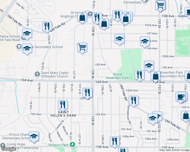 map of restaurants, bars, coffee shops, grocery stores, and more near 10432 128 Street in Surrey