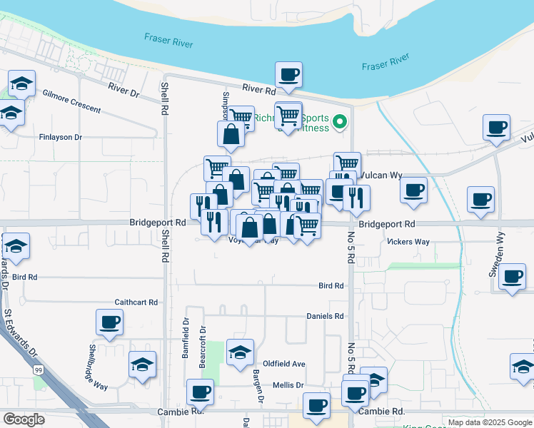 map of restaurants, bars, coffee shops, grocery stores, and more near 2931 Olafsen Avenue in Richmond