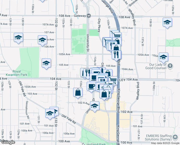 map of restaurants, bars, coffee shops, grocery stores, and more near 10448 University Drive in Surrey