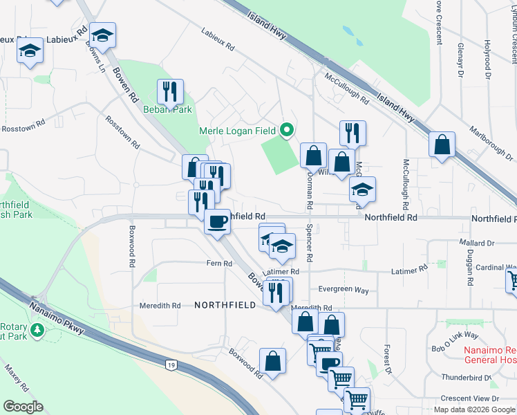 map of restaurants, bars, coffee shops, grocery stores, and more near 2110 Northfield Road in Nanaimo