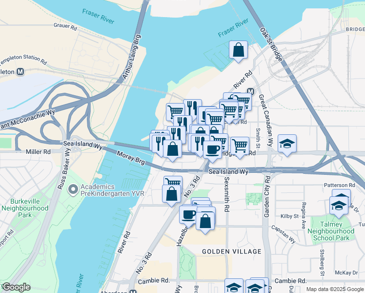 map of restaurants, bars, coffee shops, grocery stores, and more near 8451 Bridgeport Road in Richmond
