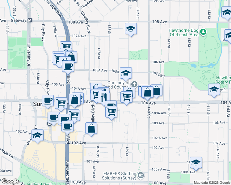 map of restaurants, bars, coffee shops, grocery stores, and more near 10449 138A Street in Surrey