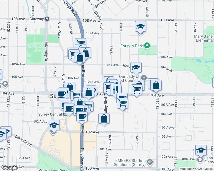 map of restaurants, bars, coffee shops, grocery stores, and more near 10428 Whalley Boulevard in Surrey