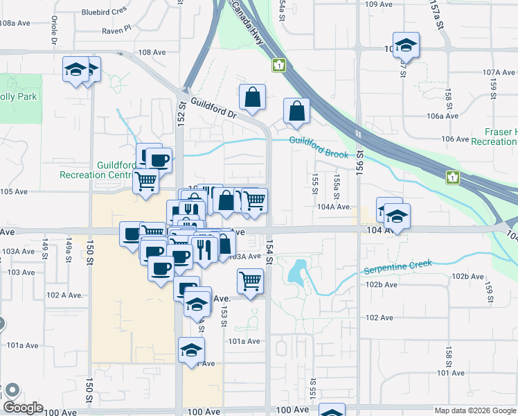 map of restaurants, bars, coffee shops, grocery stores, and more near 10455 154 Street in Surrey