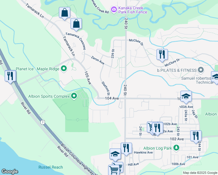 map of restaurants, bars, coffee shops, grocery stores, and more near 10436 Slatford Street in Maple Ridge