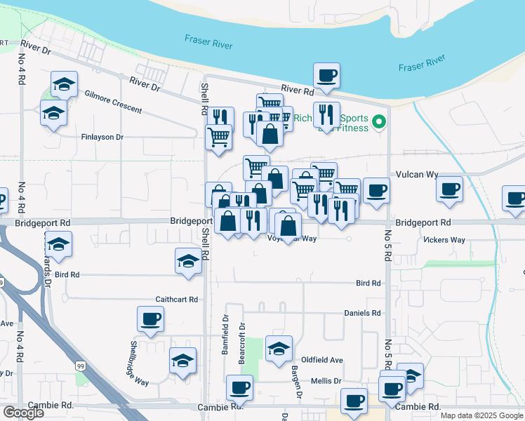 map of restaurants, bars, coffee shops, grocery stores, and more near 2920 Simpson Road in Richmond