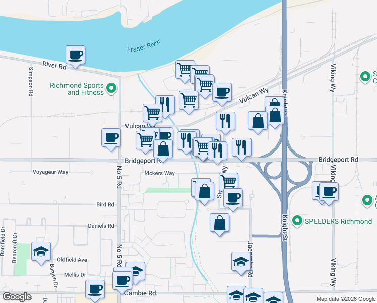 map of restaurants, bars, coffee shops, grocery stores, and more near 12391 Bridgeport Road in Richmond