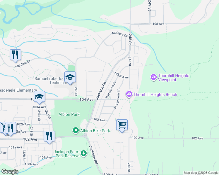 map of restaurants, bars, coffee shops, grocery stores, and more near 10473 Robertson Street in Maple Ridge