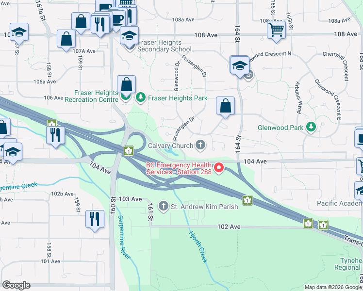 map of restaurants, bars, coffee shops, grocery stores, and more near 10446 Fraserglen Drive in Surrey