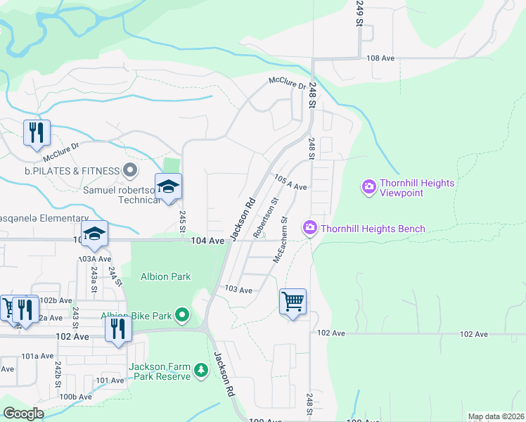 map of restaurants, bars, coffee shops, grocery stores, and more near 10490 Jackson Road in Maple Ridge