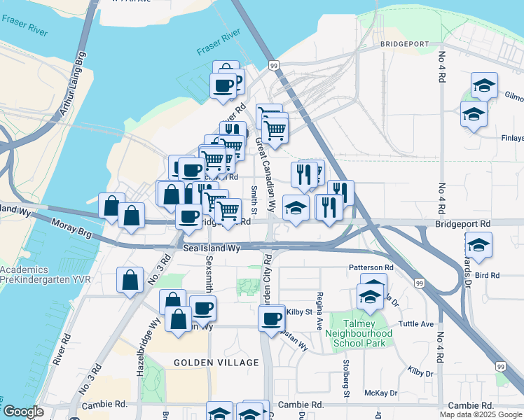 map of restaurants, bars, coffee shops, grocery stores, and more near in Richmond