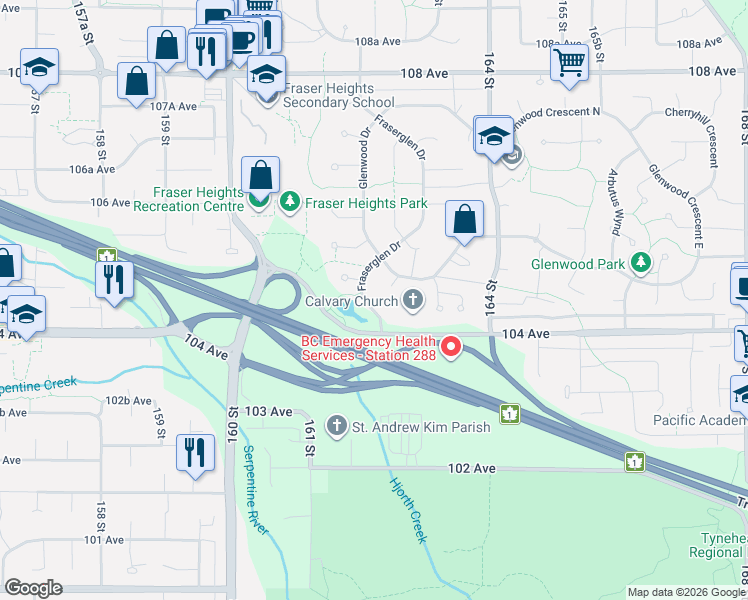 map of restaurants, bars, coffee shops, grocery stores, and more near 10446 Fraserglen Drive in Surrey