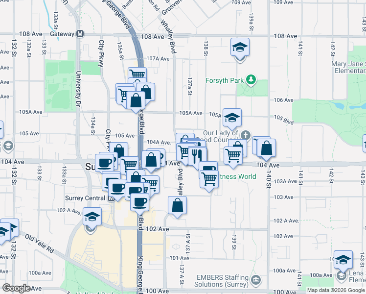 map of restaurants, bars, coffee shops, grocery stores, and more near 10428 Whalley Boulevard in Surrey