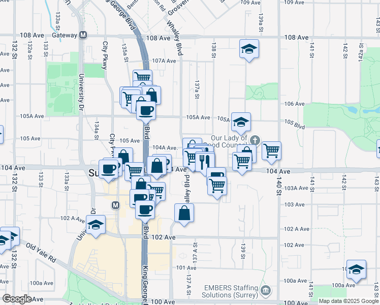 map of restaurants, bars, coffee shops, grocery stores, and more near 10428 Whalley Boulevard in Surrey