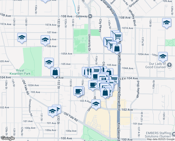 map of restaurants, bars, coffee shops, grocery stores, and more near 10455 University Drive in Surrey