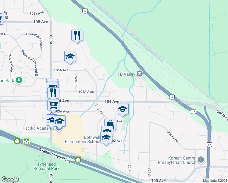 map of restaurants, bars, coffee shops, grocery stores, and more near 17146 104A Avenue in Surrey