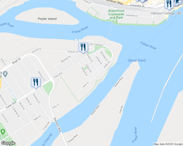 map of restaurants, bars, coffee shops, grocery stores, and more near 217 Holly Avenue in New Westminster