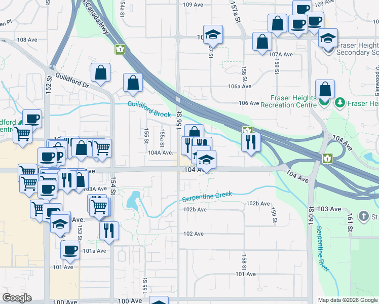 map of restaurants, bars, coffee shops, grocery stores, and more near 15665 104 Avenue in Surrey