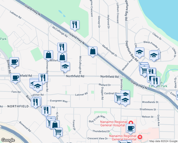 map of restaurants, bars, coffee shops, grocery stores, and more near 1716 Northfield Road in Nanaimo