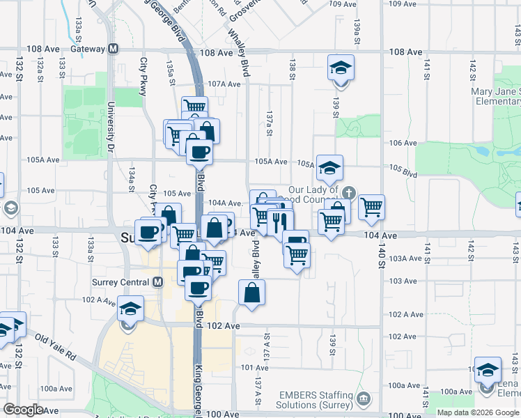 map of restaurants, bars, coffee shops, grocery stores, and more near in Surrey