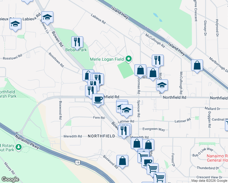 map of restaurants, bars, coffee shops, grocery stores, and more near 2110 Northfield Road in Nanaimo