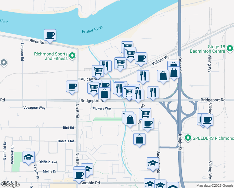 map of restaurants, bars, coffee shops, grocery stores, and more near 12371 Bridgeport Road in Richmond